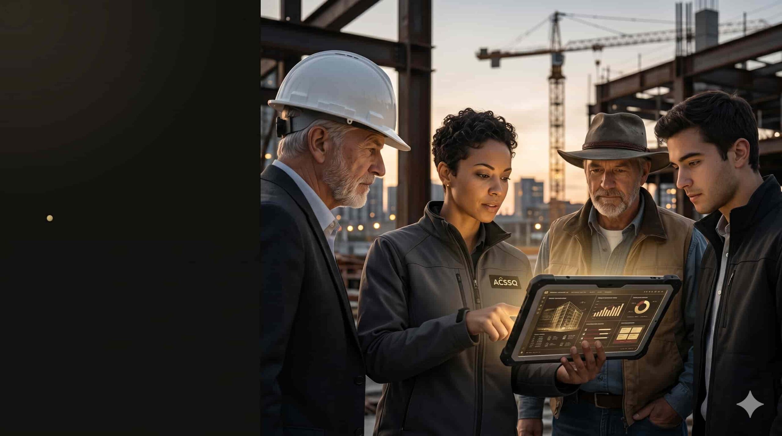 Groupe de professionnels SST sur chantier, discussion autour d’une tablette