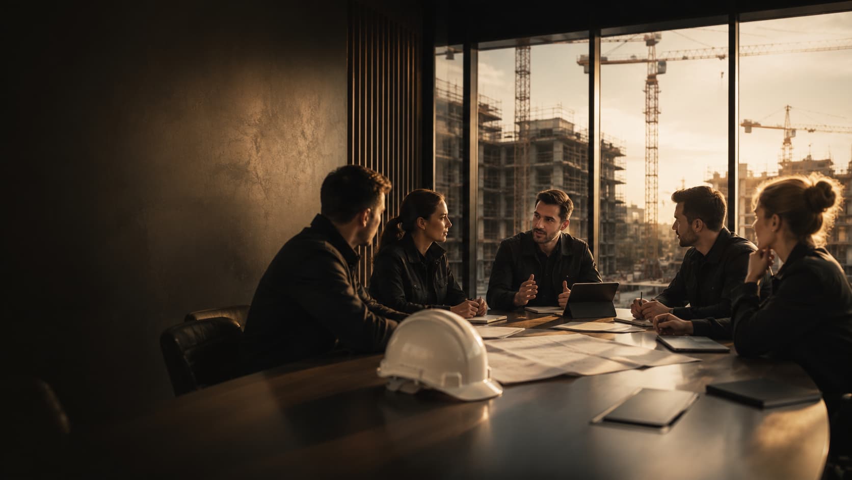Réunion de coordonnateurs SST — table, casque, chantier visible